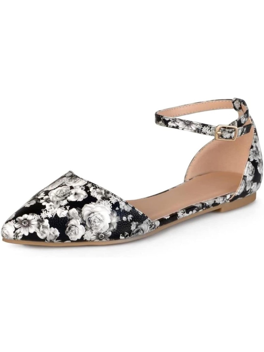 Journee Collection Black & White Floral Pointed D'Orsay Ankle-Strap Flat